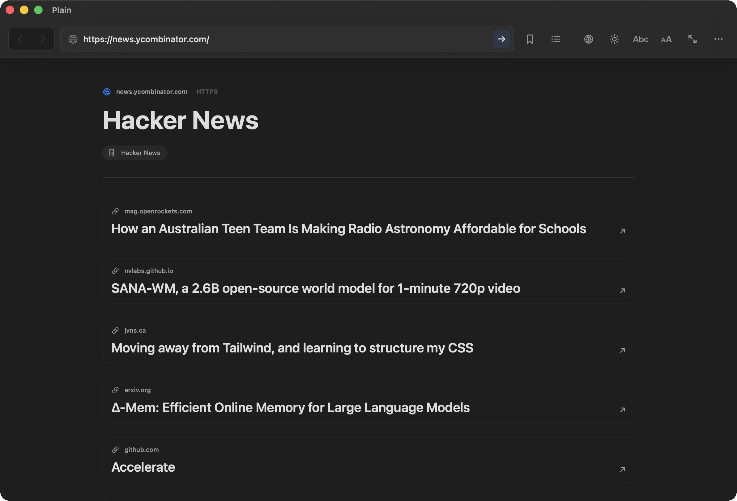 Plain preview showing a macOS browser window rendering a readable page as a native document.